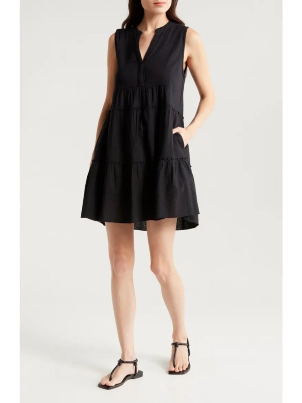 Elan Tiered Cotton Flax Blend Cover-Up Dress Black Sleeveless Pocket Size S NWOT